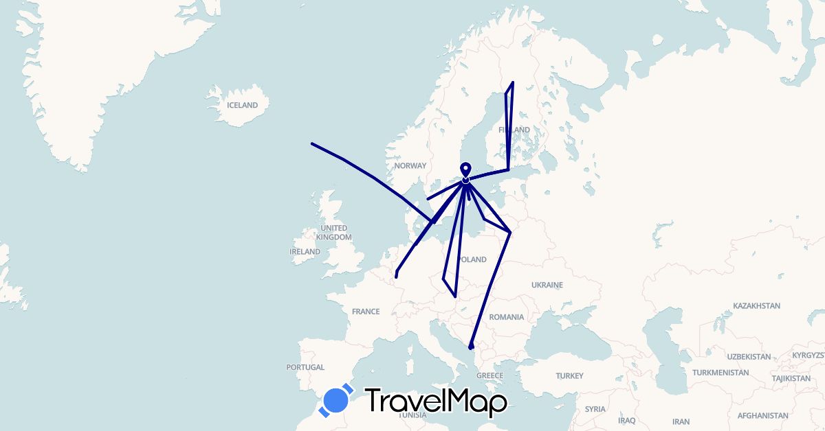 TravelMap itinerary: driving in Austria, Czech Republic, Germany, Denmark, Finland, Faroe Islands, Lithuania, Montenegro, Sweden (Europe)